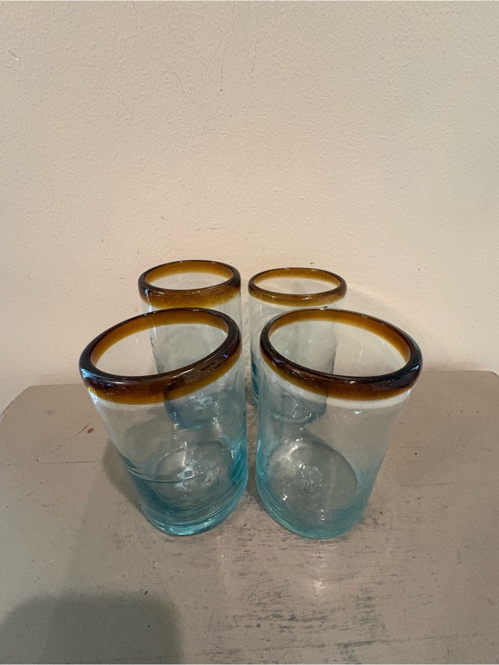 Handblown Amber-Rimmed Aqua Glass Tumbler - Set of 4